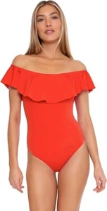 Trina Turk Monaco Ruffle Off Shoulder Swimsuit Womens Size 2 Flame Orange - Picture 1 of 3