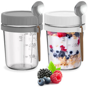 HEFTMAN Breakfast Jars 350ml/12oz Overnight Oats Lid Spoon Yogurt Pot 2 Pack