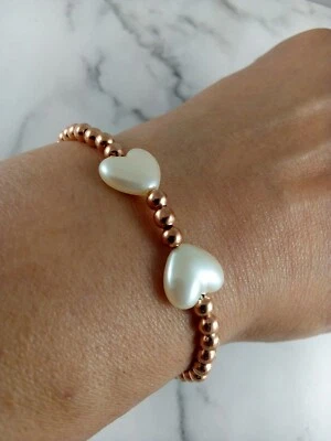 Pulsera elástica corazones perlas imitación oro rosa delicada novia mujer 7" apilable  Foto 1 de 4