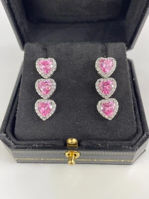WHITE GOLD FINISH Pink Tourmaline Heart Cut Dangle Created Diamond Earrings - Image 1 of 4