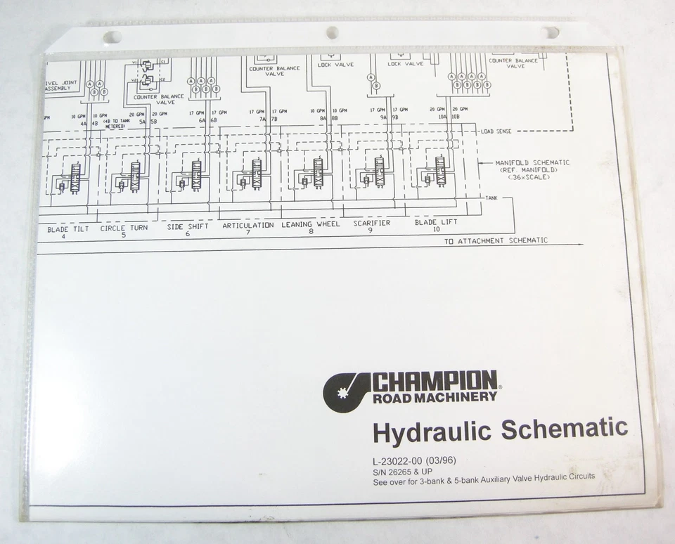 Original CHAMPION Motor Grader Hydraulic Schematic Diagram Foldout S/N 26265 Up - Image 1 of 1
