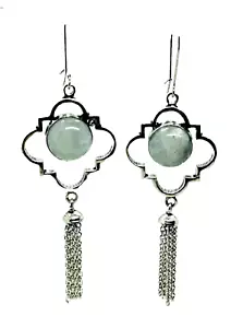 Natural White Moonstone Silver Gothic Chain Dangles Earrings (551H) - Picture 1 of 9