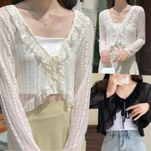 Sommer Damen Spitze Netz Cropped Bolero Achselzucken Langarm vorne offen Cardigan ∧ - Bild 1 von 27