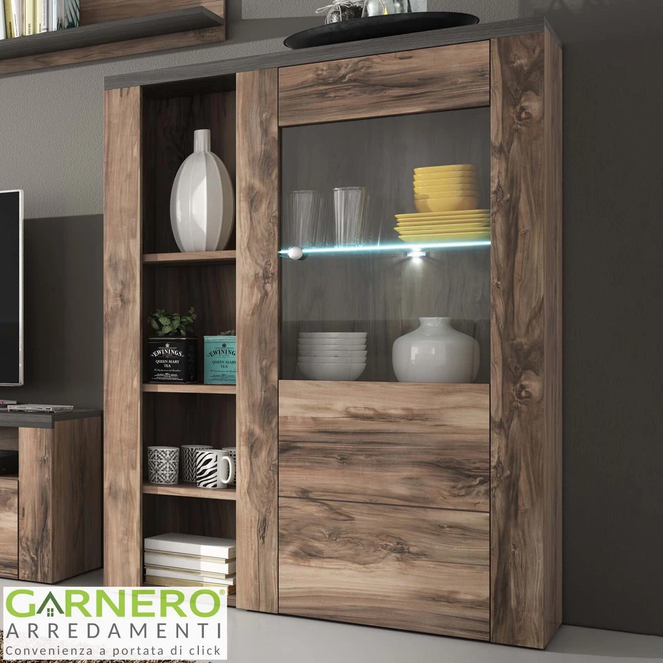 Credenza alta design moderno anta ripiani 100x145cm noce rovere grigio PALOMA 2 - Immagine 1 di 4