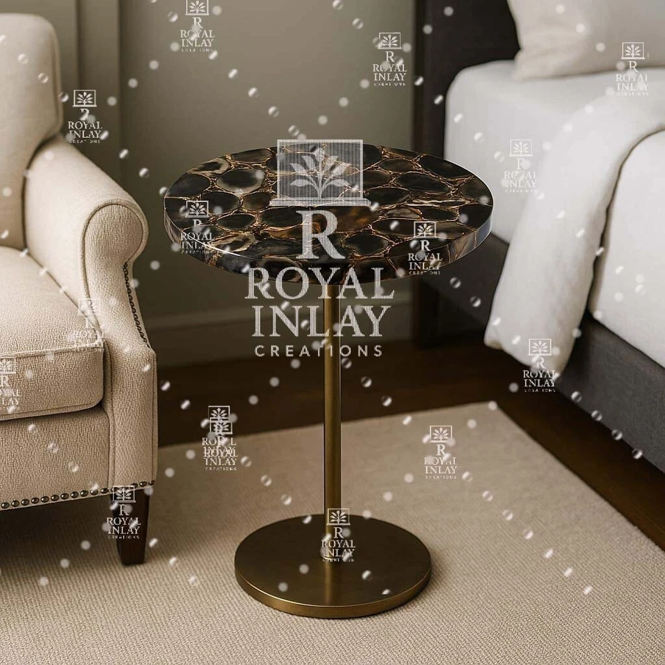 Luxury Black Agate Round Table | Handmade Gilded Copper Vein Stone Accent - Image 1 of 4