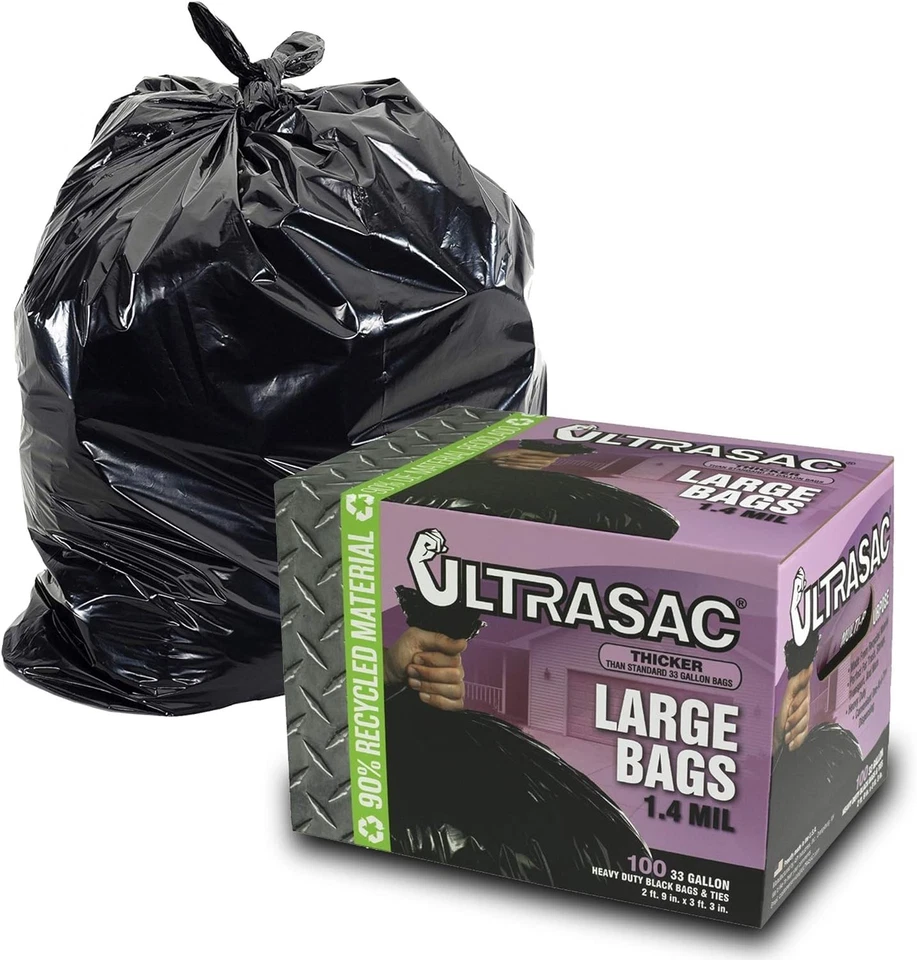 33 Gallon Trash Bag Heavy Duty Large Quality Black Garbage Bags 100 Pack/w Ties