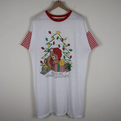 Винтажный рождественский плюшевый медведь ночная рубашка спальное место рубашка один размер 23 x 35 - Изображение 1 из 4