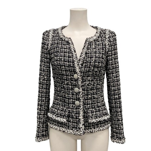 Giacca donna originale CHANEL P35582 nero bianco nylon lana