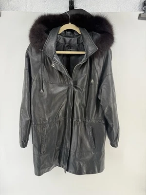 Leather Jacket Womens Medium Black Damselle Snorkle Hooded faux Fur Trim Read - Image 1 of 4