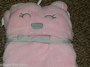 CARTERS HOODED BLANKET PINK W/ BEAR HOOD GIRL NEW BABY EMBROIDERY SLEEPY EYES - Picture 1 of 2