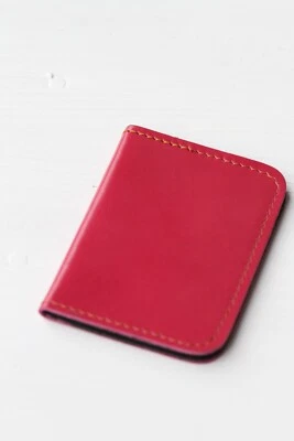 Handmade Cow Leather Card Holder Pink Bi-fold Light Pocket Wallet Purse Gift - Image 1 of 4