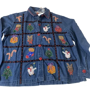 Dressbarn Womens M Christmas Theme Button up Shirt Trim Denim Top NWT! cotton - Picture 1 of 14