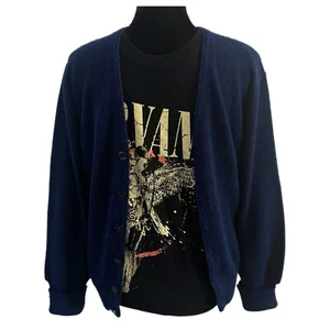 Vintage Andurst Cardigan 70s Navy Blue Grunge Kurt Cobain Sweater  - Mens Small - Picture 1 of 5