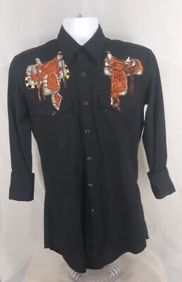 Camisa Vintage Rustler Negra Perla Snap Western Embellecida Talla M Manga 3/4 Foto 1 de 4