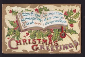 Libro de 1910 adornado dorado acebo postal de felicitaciones de Navidad - Imagen 1 de 2