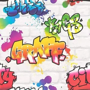 Rasch Graffiti Weiß Backsteinmauer Multi Kinder Mädchen Jungen Tapete 272901 - Bild 1 von 4