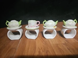 Set 4 porta tovaglioli vintage ceramica floreale primavera teiera piattino anello - Foto 1 di 9