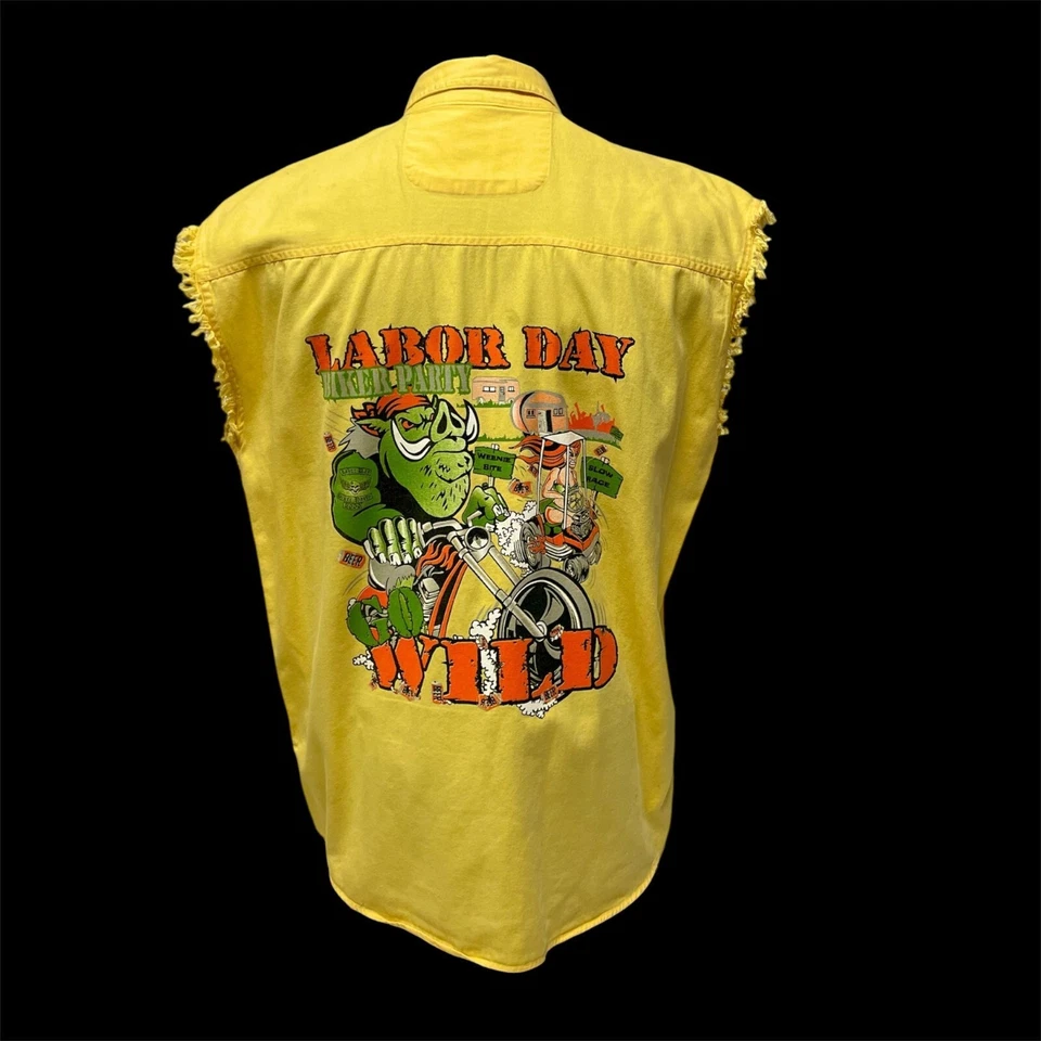 Labor Day BIKER PARTY Wild Pig HOG BEER Yellow Motorcycle SLEEVELESS Denim Shirt - Image 1 of 4