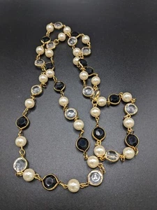 Bezel Set Black & Clear Crystal Or Lucite Chain Link Pearls Necklace 41 Cm - Picture 1 of 4