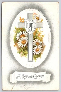 AK Ein fröhlicher Ostergrüß geprägt Silber Hoffnung Kreuz mit Gänseblümchen - Bild 1 von 2
