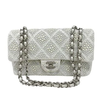 CHANEL White Medium Classic Single Flap Pearl Embellished Tweed Bag SHW - Image 1 of 4
