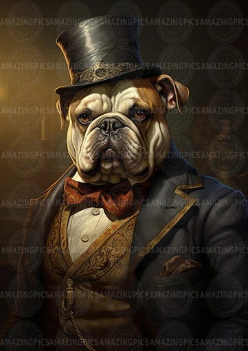 Victorian Bulldog Gentleman Art Print Dapper Dog Portrait in Top Hat K49 - Image 1 of 1