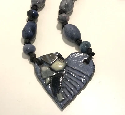 Chunky Necklace Heart Knotted Beads Ceramic Glazed Blues Boho Statement Piece - Image 1 of 4