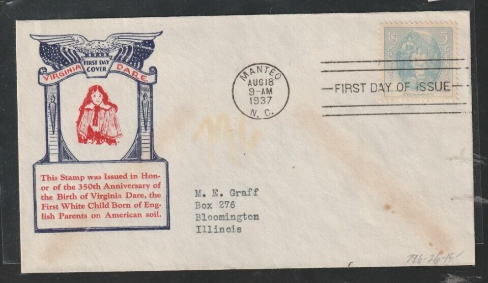U.S. 1937 Virginia Dare 5 cent First Day Cover FDC Scott # 796 **See Pic** @ - Image 1 of 1