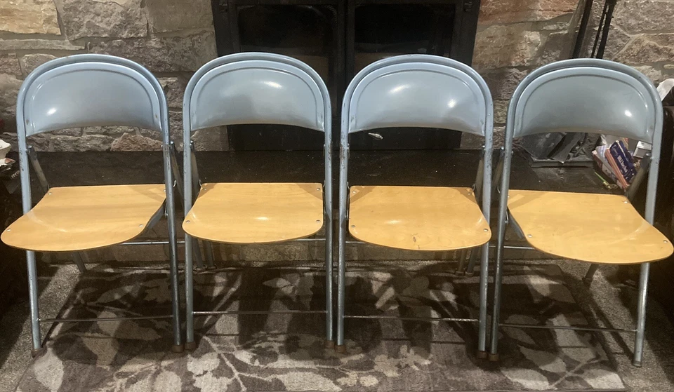Lote De 4 Silla Plegable De Colección MCM American Seating Co Metal Y Madera Azul Foto 1 de 4