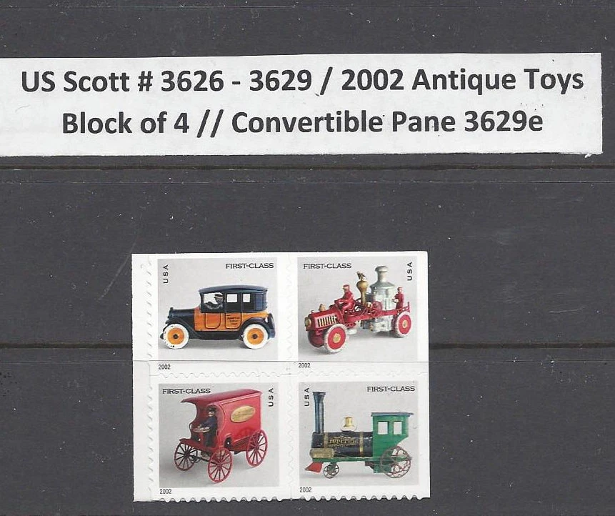 US Scott #3626, 3627, 3628, & 3629 / 3629e Antique Toys Block of 4 MNH - Image 1 of 1