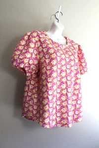 Retro 60s VOY Shirt L Womens Double Knit Sculpted Floral Purple Yellow SS - Picture 1 of 7