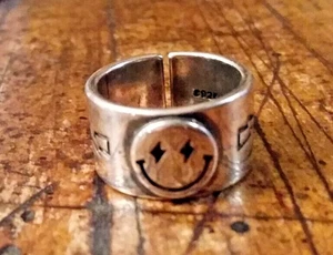 Retro Sterling Silver Happy Face  Ring, Band - Sz. 6, 7.1 Grams, 5/8" Wide - Picture 1 of 9