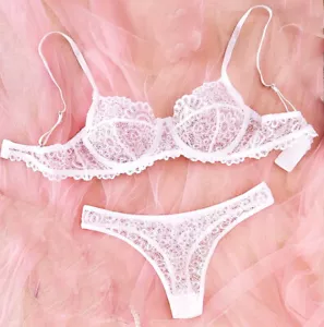 BEYOND SEXY!!! WHITE SHEER FLORAL LACE SATIN BRA & PANTY SET 38C NWT - Picture 1 of 2