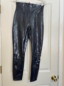 SPANX Navy Blue Faux Leather Glossy Leggings High Waist Medium