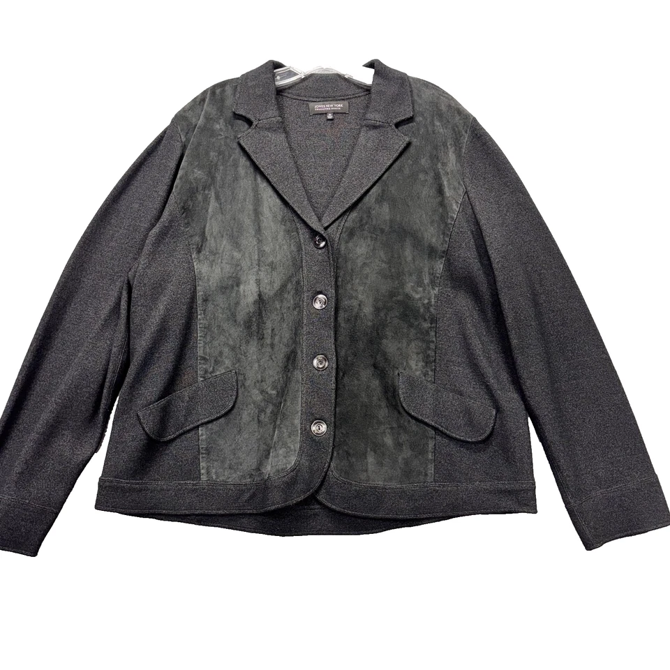 Jones New York Collection Blazer Womens 2X Gray Leather Front Panels Notch Lapel - Image 1 of 4