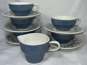 Jackson China Paul McCobb Blue Vendome Fleur De Lis 5-Cups & Saucers-Creamer MCM - Picture 1 of 7