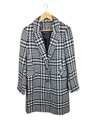 Primark Black White Houndstooth Coat Overcoat Wool Blend Size 10 Classic - Image 1 of 4
