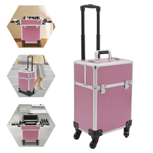 Pink Hand-held Rolling Makeup Train Case Professional Cosmetic Organizer Box - Picture 1 of 18