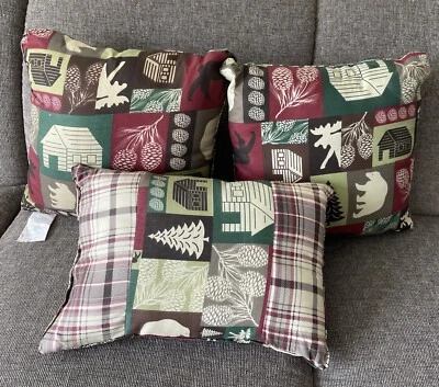 3 Piece Throw Pillows 13” X 13” Tree Bear Pinecone Red Green Tan Rustic Charm - Image 1 of 4