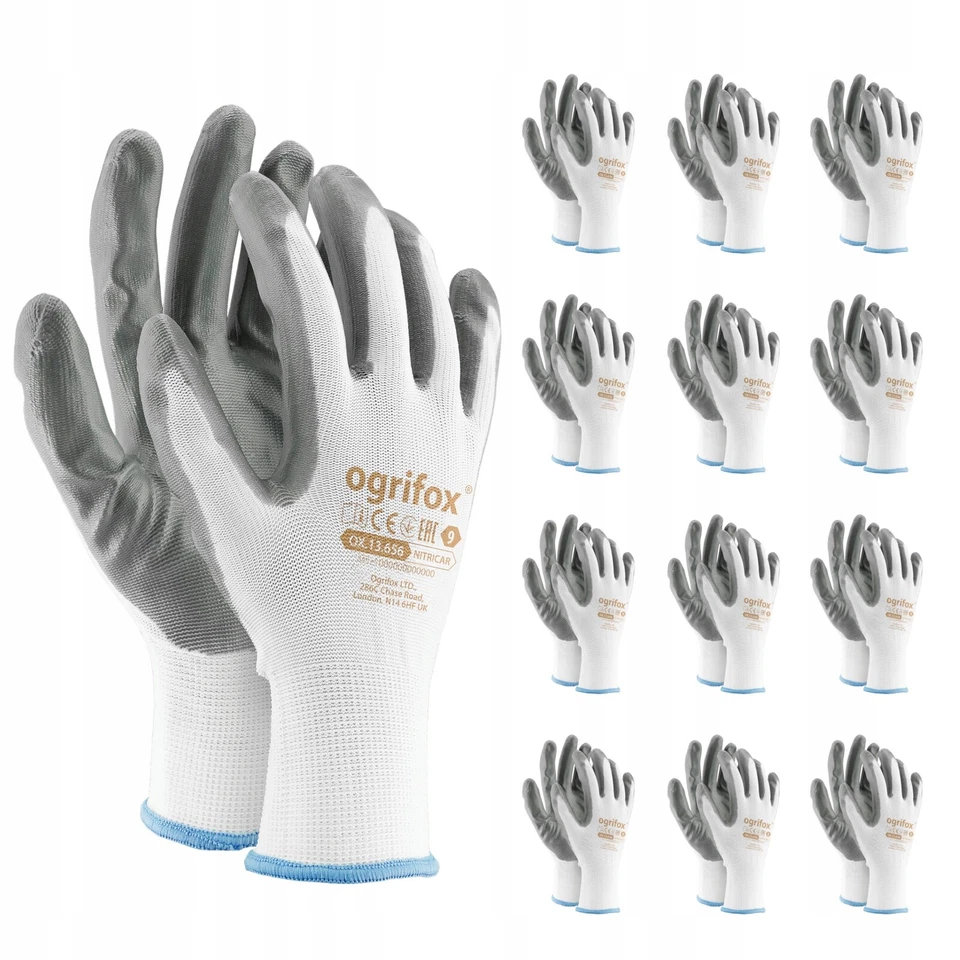 REJS 12 or 24 PAIRS OF NEW NITRILE COATED WORK White/Grey GLOVES SIZES 7 - 10