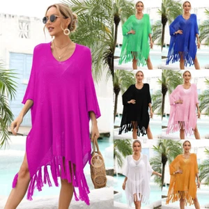 Summer Women Fringe Knitted Cover UP Beach Baggy Cape Dress Bikini Swimwear SIZE - Picture 1 of 33