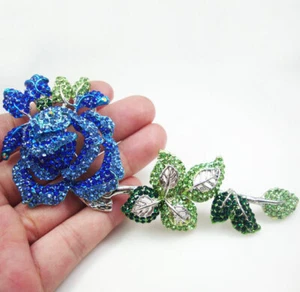 New Gorgeous Blue Rose Flower Woman Brooch Pin Jewelry Rhinestone Crystal - Picture 1 of 5