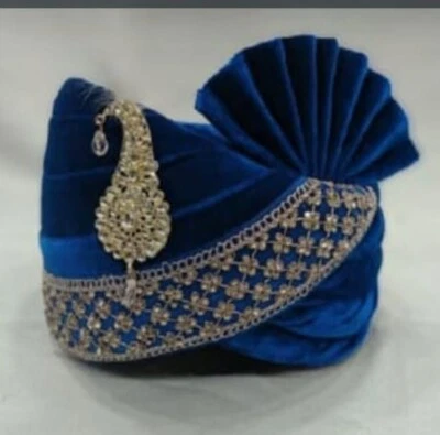 Pagri azul para homens de casamento indiano, turbante tradicional indiano para noivo Safa - Imagem 1 de 4