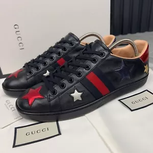 GUCCI Ace Web Metallic Stars Sneaker Black Leather 5.5 UK or 8.5 US or 38.5 EUR - Picture 1 of 11