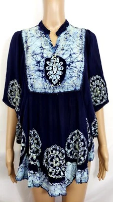 Blusa AQUA BLUE Talla Única Azul y Azul Claro Diseño Bordado Caftán Poncho Top Foto 1 de 4