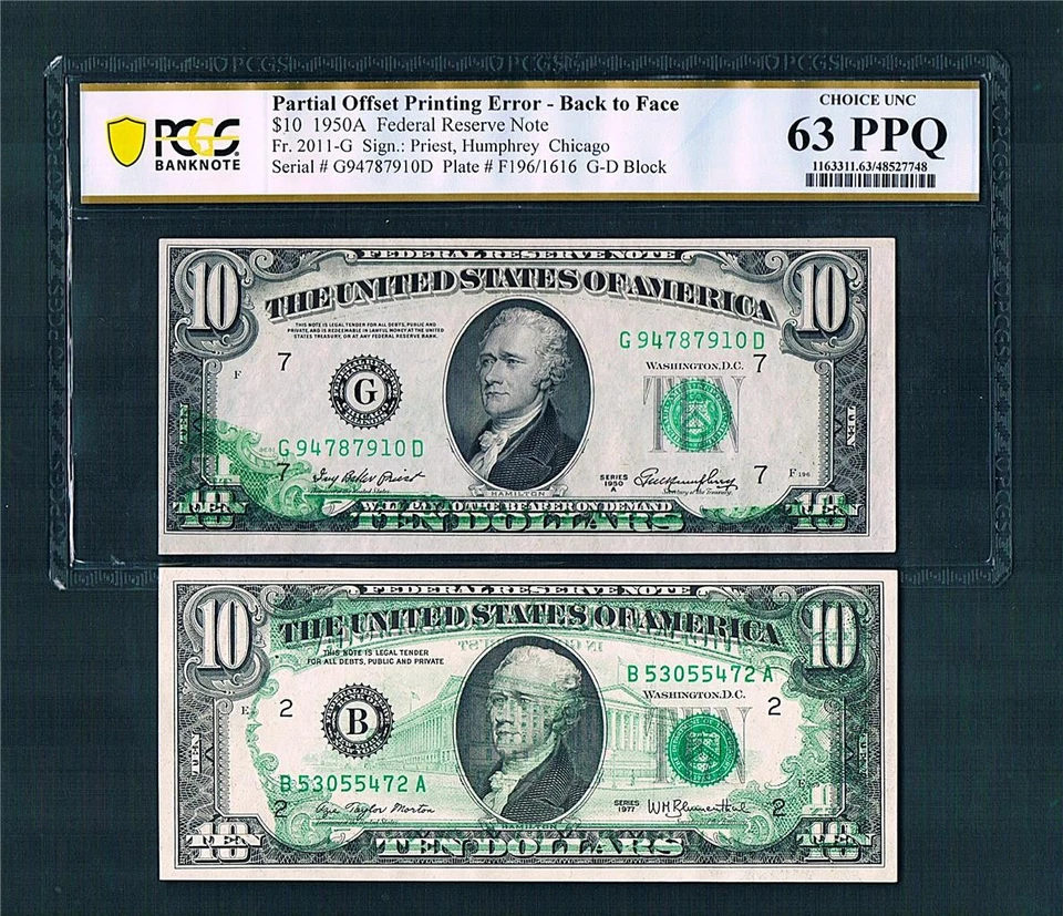 $10.00 1950A & $10.00 1977 FRN's(TORN Sheet B2F Offsets)ERRORS~Both UNC.&EPQ.!! - Image 1 of 1