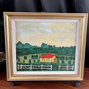 Vtg Folk Art Painting 14.5x12.5 – Naive Country House Landscape in Gold Frame - Picture 1 of 7