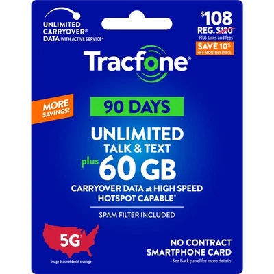 Tracfone $108 Unlimited Talk & Text, 60 GB of Data / 90 Days (Physical Card) - Image 1 of 4