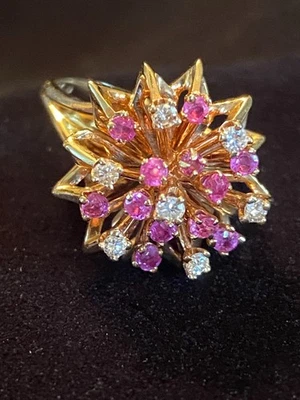 Estate Vintage 14kt Pink Ruby & Diamond Cluster Cocktail Ring  9.5 Grams/SZ 7.25 - Image 1 of 4