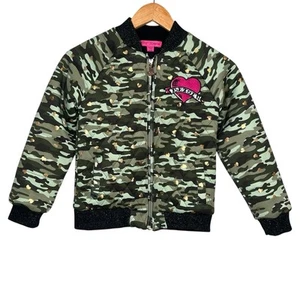 Betsey Johnson Girl's Bomber Jacket Camo Pattern with Heart Patch Size 10/Medium - Picture 1 of 11